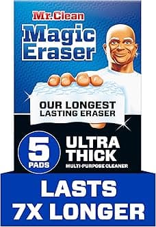 Mr. Clean Magic Eraser Sponge, All Purpose Cleaner, Long Lasting Cleaning Scrubber, Wall Cleaner, Sneaker Cleaner, Oven Cleaner, Kitchen, Bathroom, Shower Cleaning Supplies, Ultra Thick, 5ct