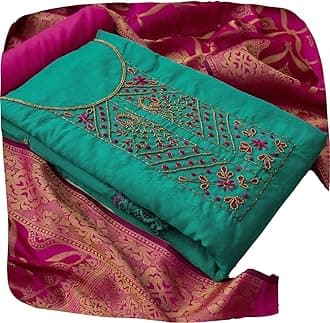 Women's Chanderi Cotton Hand Embroidered Work Unstitched Salwar Suit Material With Banarasi Dupatta