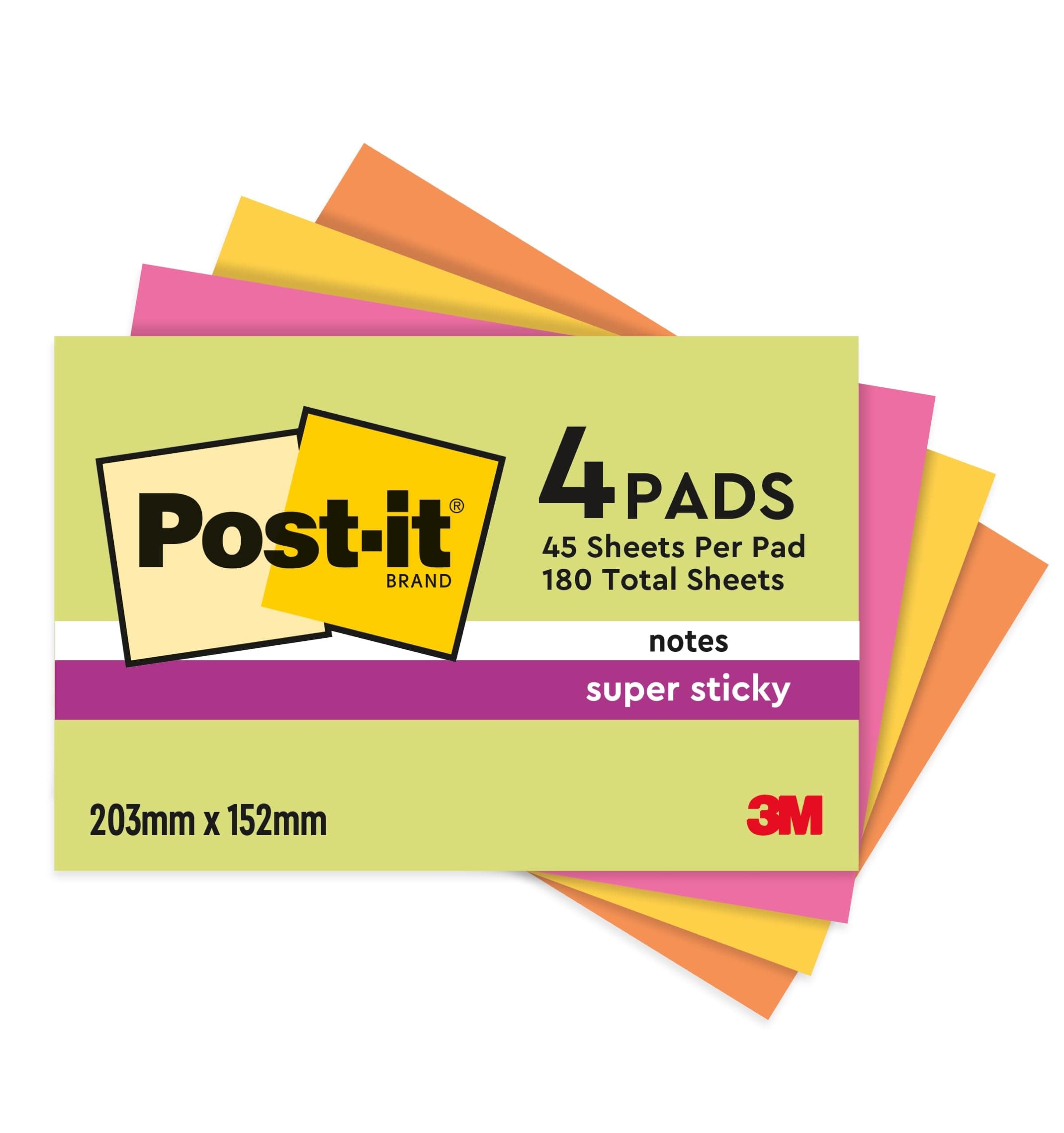 Post-it Super Sticky Large Notes, 180 Sheets, Pack of 4 Pads, 203 mm x 152 mm - Holds Strong to Many Surfaces - Bright Colours - for Walls, Monitors and Fridge, Recycable