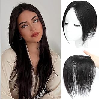 Hair Toppers for Women Real Human Hair， 360°3D Cover Toppers Hairpieces for Women with Thinning Crown Wispy Clip in Bangs Realistic Scalp Hairline (Black, Side Bangs)