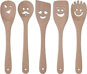 HANSGO 5PCS Wooden Spoons for Cooking, Funny Wooden Utensil Set Wood Spatulas with Smile Faces Cute Kitchen Accessories, Best Cooking Gifts for Housewarming Wedding Holidays