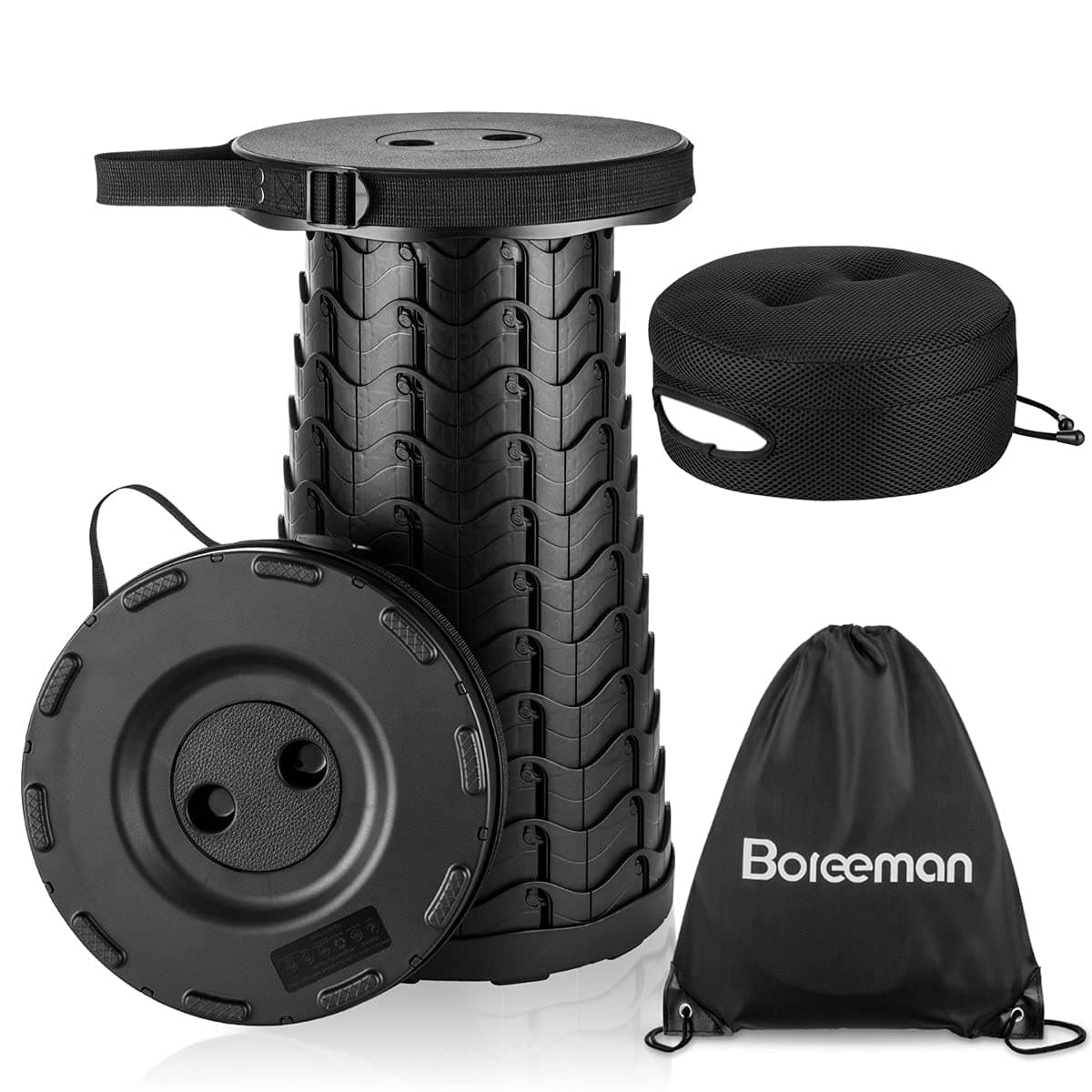 Boreeman Plastic Upgraded Folding Stool with Cushion, Lightweight Yet Sturdy, Load Capacity 400lbs, Portable Collapsible Telescopic Stool for Camping, Fishing, Hiking, BBQ (Black)