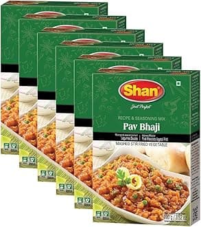 Shan Pav Bhaji Recipe and Seasoning Mix 3.25 oz (100g) - Spice Powder for Mashed Stir Fried Vegetable - Suitable for Vegetarians - Airtight Bag in a Box (Pack of 6)