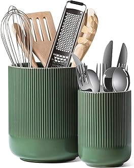 LE TAUCI Utensil Holder for Kitchen Counter, 7.3"+5.4" Fluted Ceramic Utensil Crock Organizer for Countertop, Heavy Large Holder for Spatulas, Spoons, Set of 2, Forest Green
