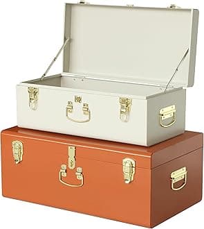 Vixdonos Decorative Large Metal Box Storage Trunk Chest Set of 2 College Dorm Organizer with Hardware Hasps and Handle for Home Deocr,23.7X14.2X9.5 Inches(Beige and Orange)