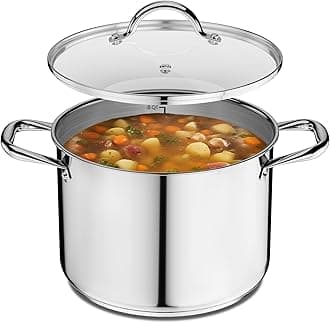 Stainless Steel Stock Pot with 8 Quart Tempered Glass lid, Durable 18/0 Stainless Steel, Impact Bonded Base for Even Heating, Riveted Handles, Oven Safe and