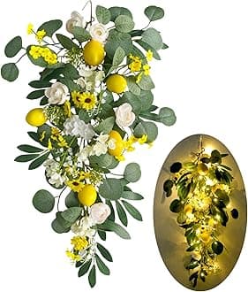 Lemon Door Swag with Lights 27.6" Summer Wreaths for Front Door Artificial Fruit Swags and Wreaths, Spring Summer Flower Lemon Teardrop Swags Garland for Wedding Home Party Stairway Wall Decoration