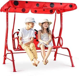 Costzon Kids Porch Swing, All-Weather Patio Swing Bench Hammock w/Adjustable Canopy & Safety Belts for 2 Children, Outdoor Swing for Backyard Garden Balcony Poolside (Red, Ladybug Pattern)