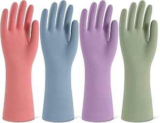 Rubber Cleaning Gloves for Dishwashing, 4 Pairs Reusable Kitchen Gloves for Washing Dishes and Household Cleaning, Colorful Dish Gloves with Flocked Lining and Non-Slip Grip, Pefect for Woman Men - L