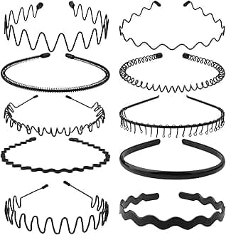 Metal Hair Band, Metal Fashion Hair Bands, Unisex Black Headbands, Wavy Headband Perfect for Outdoor Sports and Daily Use (10 Pack)