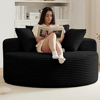 55''L Oversized Round Chaise Longue Chair Indoor, Corduroy Sponge Single Sofa, Oversized Round Chairs, Modern Sleeper Chair for Living Room,Projection Room, Wide Armrest Chairs Black