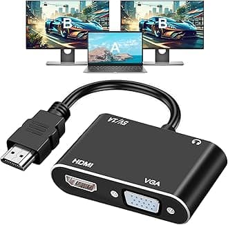AKWOR HDMI to VGA+HDMI Adapter for Dual Monitor, HDMI to VGA & HDMI Splitter 1 to 2,1080P@60HZ Full HD Display Video Converter Compaitble with Windows/Mac Os/Linux, Plug & Play