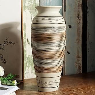 Ceramic Rustic Farmhouse Vase, 12.6” Large Vintage Flower vase for Home Decor, Tall Boho Textured Vases for Living Room, Table, Mantel, Shelf and Centerpieces Decor and Housewarming (B)