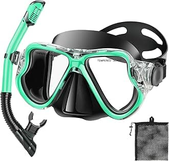 Snorkeling Gear for Kids, Dry Snorkeling Set, Panoramic Anti-Leak and Anti-Fog Tempered Glass Lens, Adjustable Strap Snorkel Set with Mesh Bag Ear Plug for