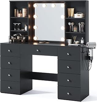 LINSY HOME Vanity with Storage, Black Makeup Vanity with Mirror and Lights, 47" Make Up Vanity Desk with Drawers, Shelves & Charging Station, Modern Large Vanity Table for Bedroom, Women, Girls
