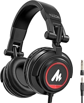Professional Over Ear Headphones for Studio Recording: Monitor Headset Wired with 50mm Drivers and 1/4 inch to 3.5mm Jack for Mixing Music Production Podcast (Black+red)
