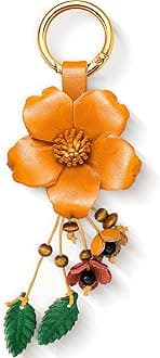 Inbagi Leather Leaf Flower Tassel Keychain Boho Accessories Cute Keychains for Women Wallet Bag Purse Ring Pendant Charms (Yellow)