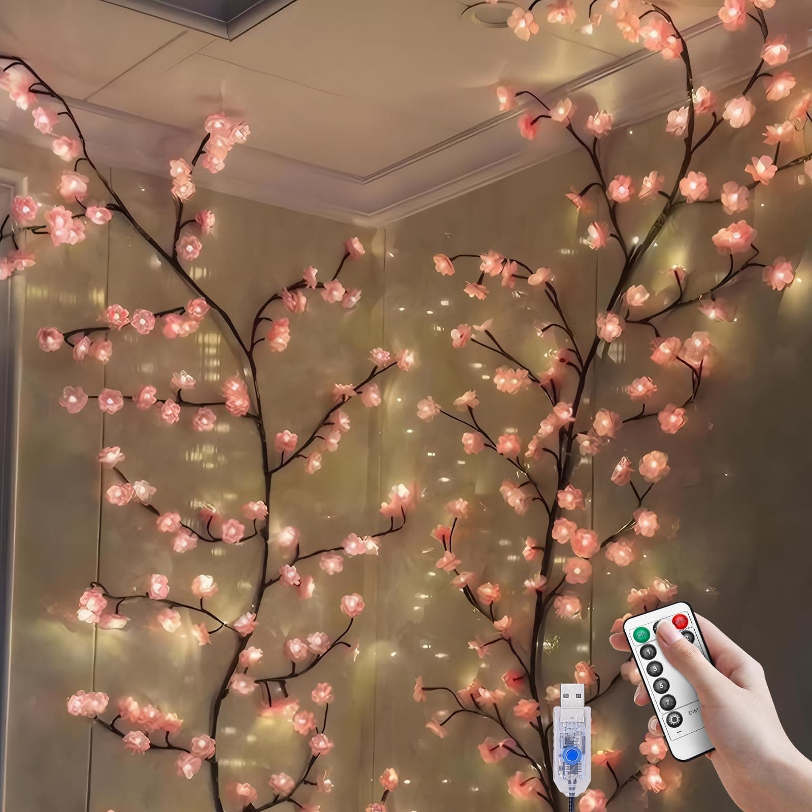 Cherry LED Tree Branch Lights for Wall, Cherry Blossom Willow Vine Twig Decor Garland with 144 LED Lights and Remote,8 Lighting Modes,Christmas Decorations Indoor for Home Wall Door Window (90inch)