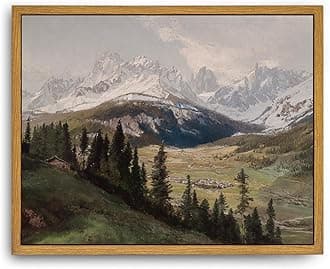 Roslynity Framed Canvas Wall Art Vintage Print Oil Paintings Rustic Mountain Landscape Cabin Village Valley Retro Country Aesthetic Artwork for Home Living Room Bathroom Wall Decor (8"x10")