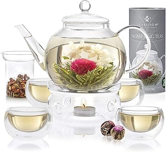 Teabloom Complete Glass Tea Set – Teapot (40 oz), Loose Tea Infuser, 4 Insulated Teacups, Tea Warmer with Candlelight, and 12 Flowering Teas – Elegant Blooming Tea Gift Set