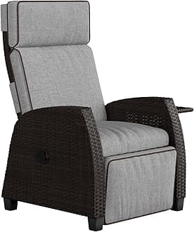 Grand patio Recliner PE Wicker, Adjustable Position Height Armchair with Flip Table and Cushion, Aluminum Frame, Lounge Chair for Indoor, Outdoor (Brown Wicker, Grey Cushion)