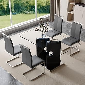 Glass Dining Table Set, 5 Piece Set with Tempered Glass Top and Modern MDF Base, Includes 4 PU Leather Ergonomic Chairs