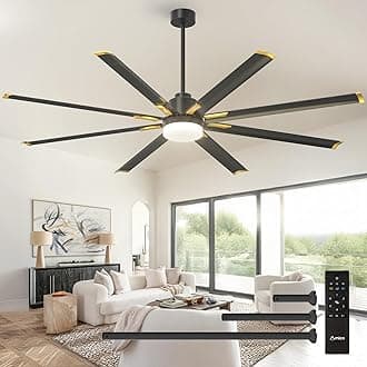Amico 84 Inch Ceiling Fan with Light, Industrial Large Ceiling Fan with Quiet DC Motor, 8 Aluminum Reversible Blades, 6-Speed Remote Control, Indoor/Outdoor Ceiling Fans for Porch/Garage/Shop, Black