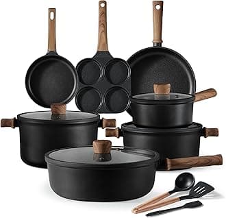 CAROTE Nonstick Cookware Sets, Pots and Pans Set Non Stick 14pcs, Titanium Induction Cooking Sets with Stay-Cool Handle, Black