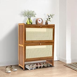 Natural Rattan Shoe Cabinet, Shoe Cabinet with 2 Flip Drawers, Free Standing Shoe Racks, Shoe Cabinet for Entryway Hallway Closet Bedroom (Tea Color, 27.5 * 9.4 * 34.2in)