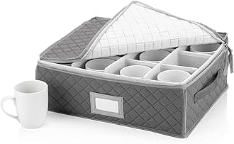 Stack Store Plus More China Cup Storage Chest - Quilted Fabric Container in Gray Measuring 16" x 13" x 6"H - Perfect Storage Case for Coffee Cups - Tea Cups - Mugs