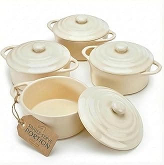 Ceramic Mini Cocotte Set, Small Casserole Dishes with Lids and Handles, Individual Baking Ramekins, Oven safe 500F, Microwave & Dishwasher Safe, Stoneware, 12 oz, Set of 4, (Ivory)