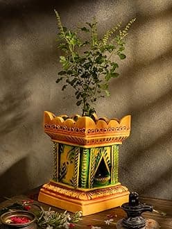Village Decor Handmade Terracotta Brindavan Tulsi Pot With Drainage Hole At Bottom|Height-11.5 Inch, Multicolour