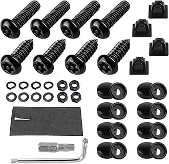 YALOK Anti Theft License Plate Screws Kits- Rustproof Stainless Steel Car Tag Plate Mounting Hardware, M6 (1/4") Tamper Proof Fastener Nut, Caps Cover for Front Rear Frame Holder Mounting（AT-Black/8）