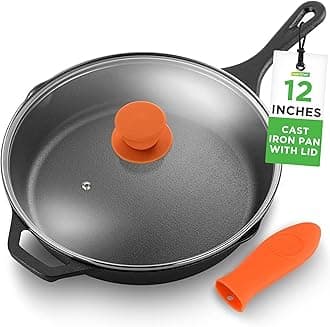 12-Inch Cast Iron Skillet w/Lid - Pre-Seasoned, Oven Safe, Nonstick, Cool-Touch Silicone Handle, For All Cooktops - NCCI12