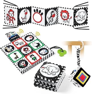 Black and White Sensory Toys - 3 Pcs High Contrast Montessori Baby Soft Book for Early Education, Infant Tummy Time Rattles and Hanging Toys