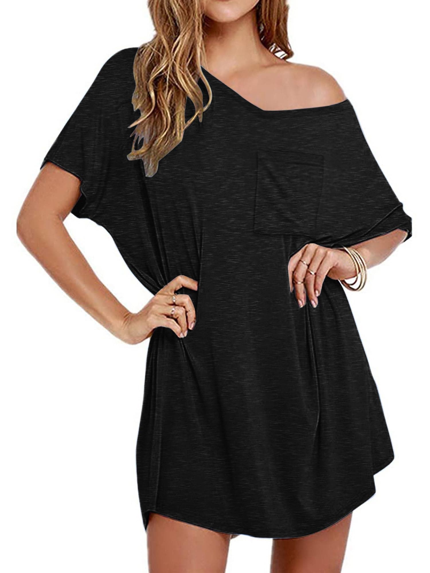 Ekouaer Womens Tshirt Nightgown Cotton V Neck Sleepshirts Comfy Casual Cover Ups for Women, Black, S