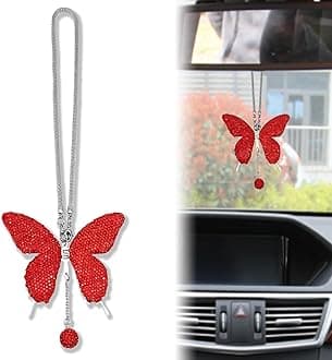 Butterfly Car Hanging Ornament, Crystal Butterfly Car Rear View Mirror Charms Good Luck Amulet Ornament Car Decoration Valentine's Day Gifts Lucky Hanging Interior Ornament Pendant (Red)