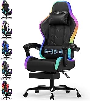 Devoko LED Gaming Chair with Footrest – Ergonomic Reclining Game Chair for Adults with Massage Lumbar Cushion, RGB Lights, High Back, Adjustable PC Gamer Chair, Black