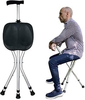 Honmido Portable Adjustable Folding Walking Cane with Seat Allows Durability While Walking and Convenience for Sitting, Alloy Crutch Chair, Anti-Slip Lightweight Walking Stick for Seniors (Black)