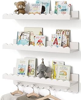 G&W Gruwald Nursery Book Shelves, Scalloped Shelves with Coat Hooks, Set of 3, Nursey Decor