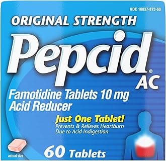 Pepcid AC Original Strength Heartburn Relief Tablets, Prevents & Relieves Heartburn Due to Acid Indigestion & Sour Stomach, 10 mg Famotidine to Reduce & Control Acid, Fast-Acting, 60 Ct