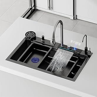 Stainless Steel Kitchen Sink – LED Display Smart Sink with Easy Installation and Double Waterfall Design, Includes Accessories, with Installation Video (80 x 45 x 22 cm)
