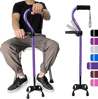 Quad Walking Cane Foldable Adjustable Portable Stick Men & Women and Seniors - Lightweight & Sturdy with 4-Pronged Base for Extra Stability Balance,Self Standing Gifts for mom Dad