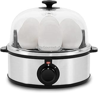 Elite Gourmet EGC648 Rapid Egg Cooker, 7 Easy-To-Peel, Hard, Medium, Soft Boiled Eggs, Poacher, Omelet Maker, Auto Shut-Off, Alarm, 16-Recipe Booklet, BPA-Free, Stainless Steel
