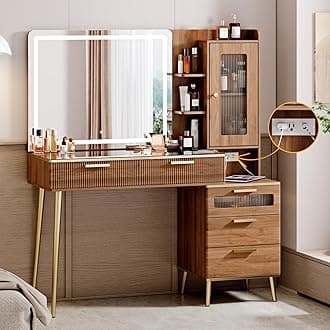 Vanity Desk with 29.53" HD Lighted Mirror, 47.24" Big Modern Vanity Desk with Mirror and Lights, Makeup Vanity with 5 Drawers and Storage Shelves and Charging Station,Brown