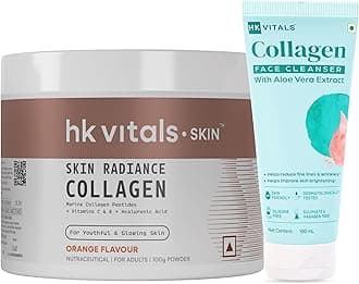 HealthKart HK Vitals Skin Radiance Collagen Powder with Biotin, Marine Collagen (Orange, 100 g) with Collagen Face Cleanser with Aloe Vera Extract, All Skin Types, 100 ml