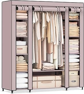 – SONGMICS Closet Wardrobe, Portable Closet for Bedroom, Clothes Rail with Non-Woven Fabric Cover, Clothes Storage Organizer, 17.7 x 59.1 x 68.9 Inches, 12 Compartments, Dusty Pink ULSF003P02