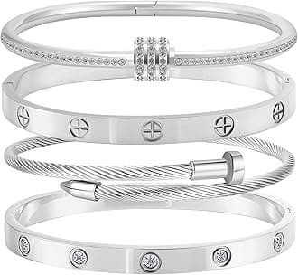 Stainless Steel Bangle Bracelet Set for Women - Silver/Gold Love Bangle Non Tarnish Jewelry with Sparkling Crystal Inlay for Love Gifts