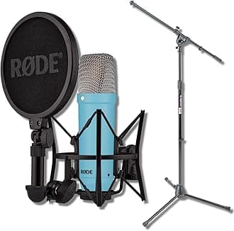 Rode NT1 Signature Series - Blue Condenser Microphone with SM6 Shockmount, Tripod Base Microphone Stand and Pop Filter
