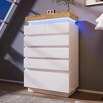 White High Gloss Sideboard LED Cabinet with 6 Drawers for Living Room, Dining Room, Hallway, Bedroom, Storage Display Cabinet with RGB LED, App-controlled (White)
